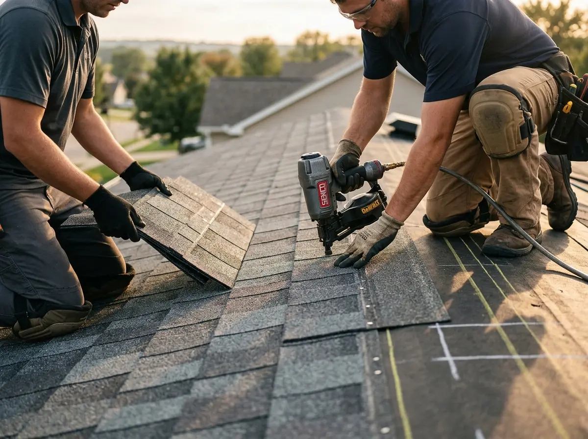 Professional roofer working on a residential roof in Oak Point
